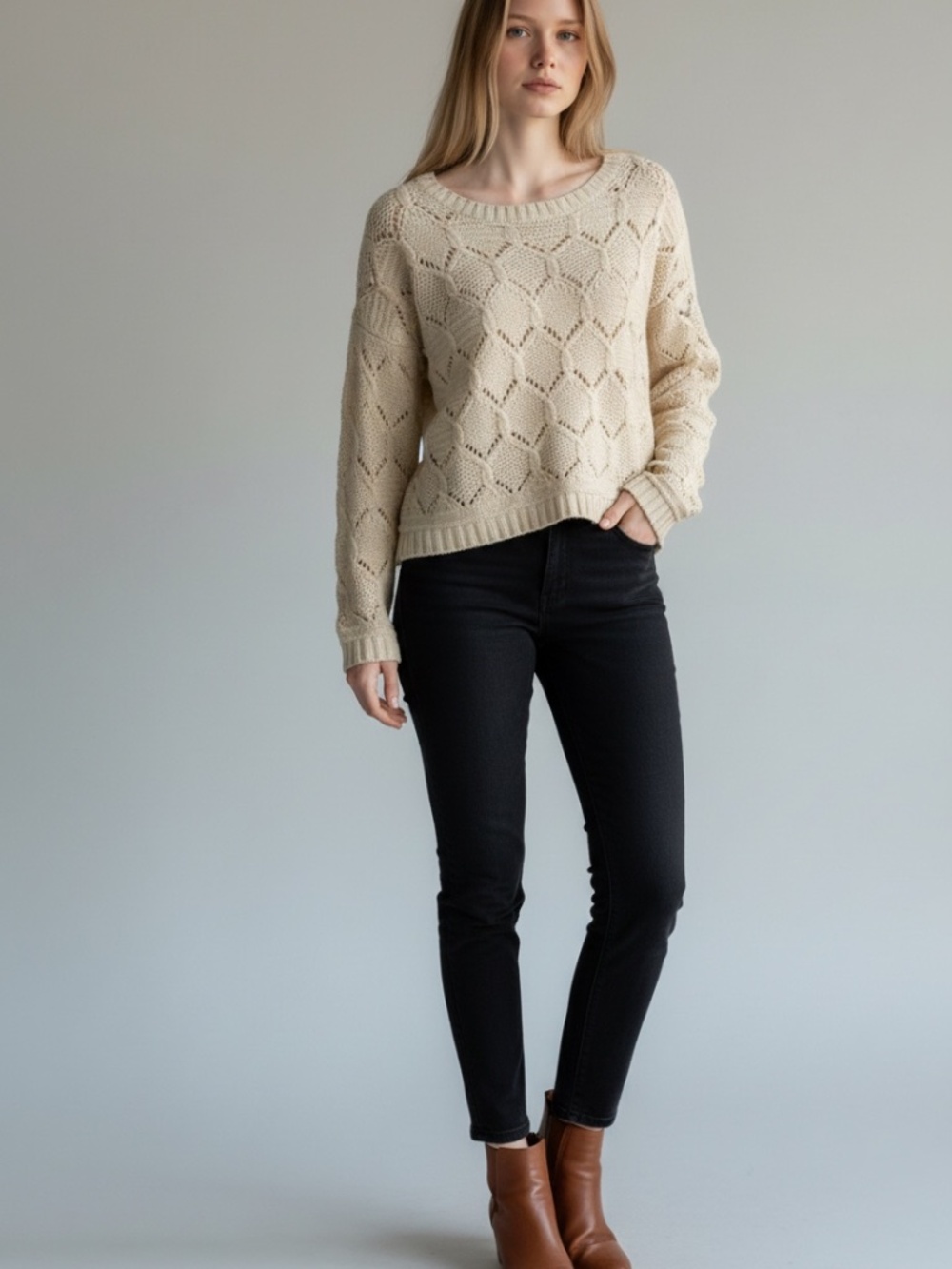 JJ Basics Cream Open Knit Pointelle Crochet Pullover Sweater Size Medium Boho